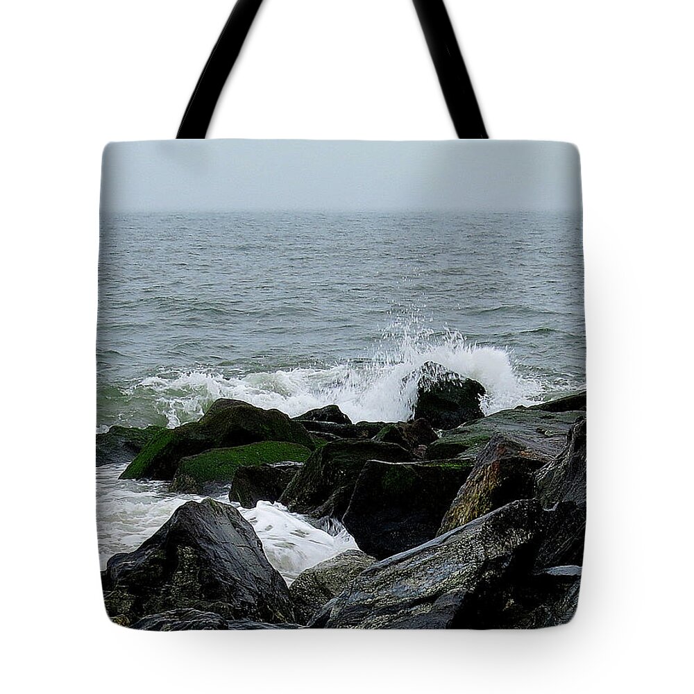 Waves Tote Bag featuring the photograph Rocky Shores of the Atlantic Ocean in Cape May New Jersey by Linda Stern