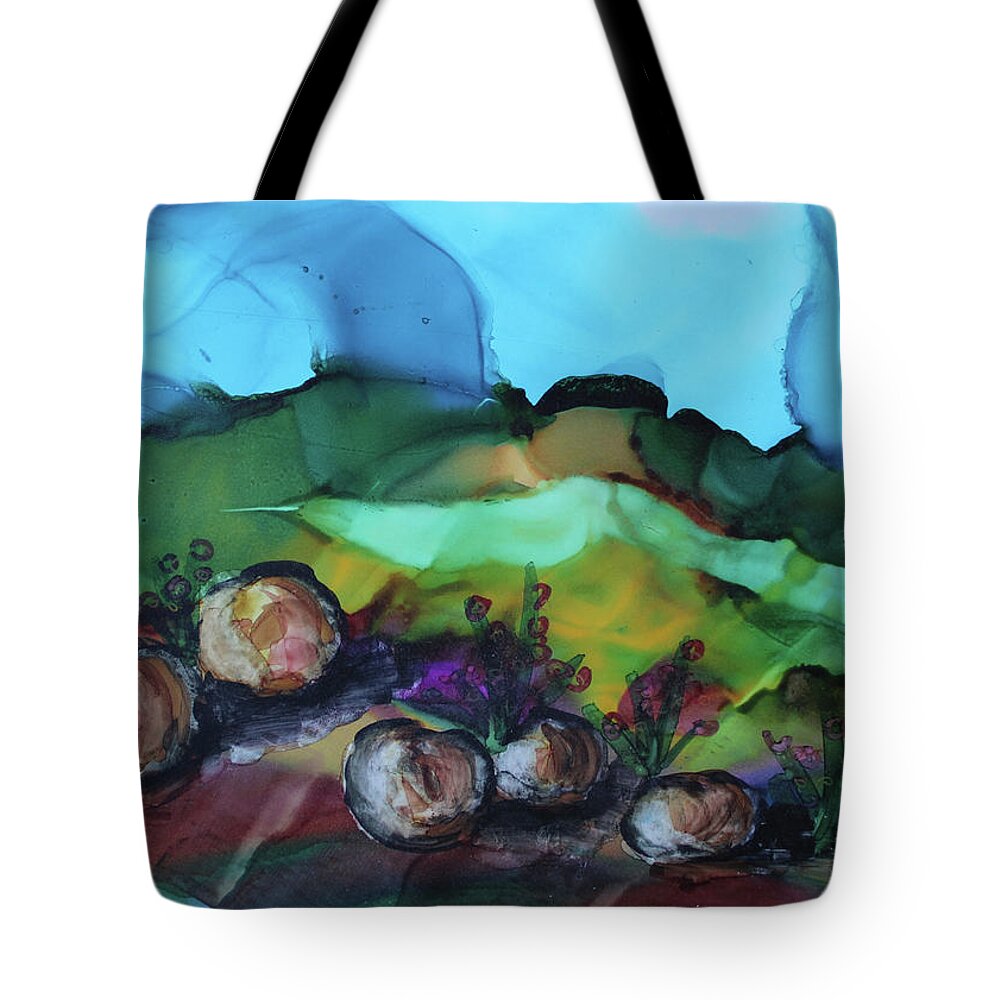 Landscape With Rocks Tote Bag featuring the painting Rocky Shores by Sandra Fox