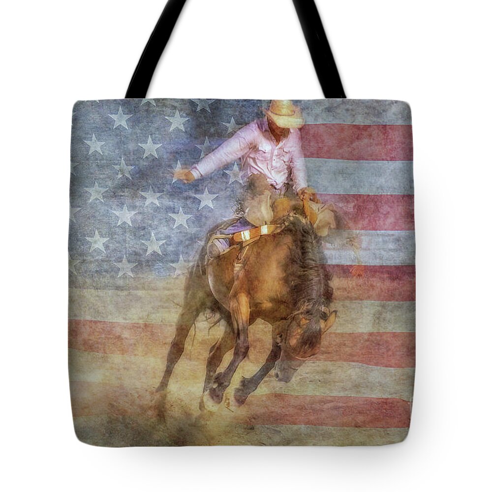 Rodeo Bronco Rider Us Flag Tote Bag featuring the digital art Rodeo Bronco Rider US Flag by Randy Steele