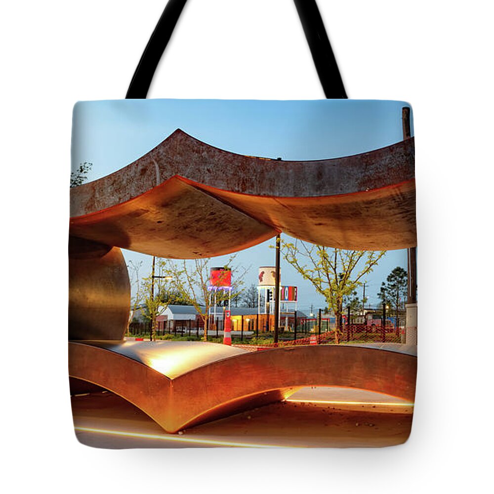 Frisco Sculpture Tote Bag featuring the photograph Rogers Arkansas Frisco Sculpture Panorama by Gregory Ballos
