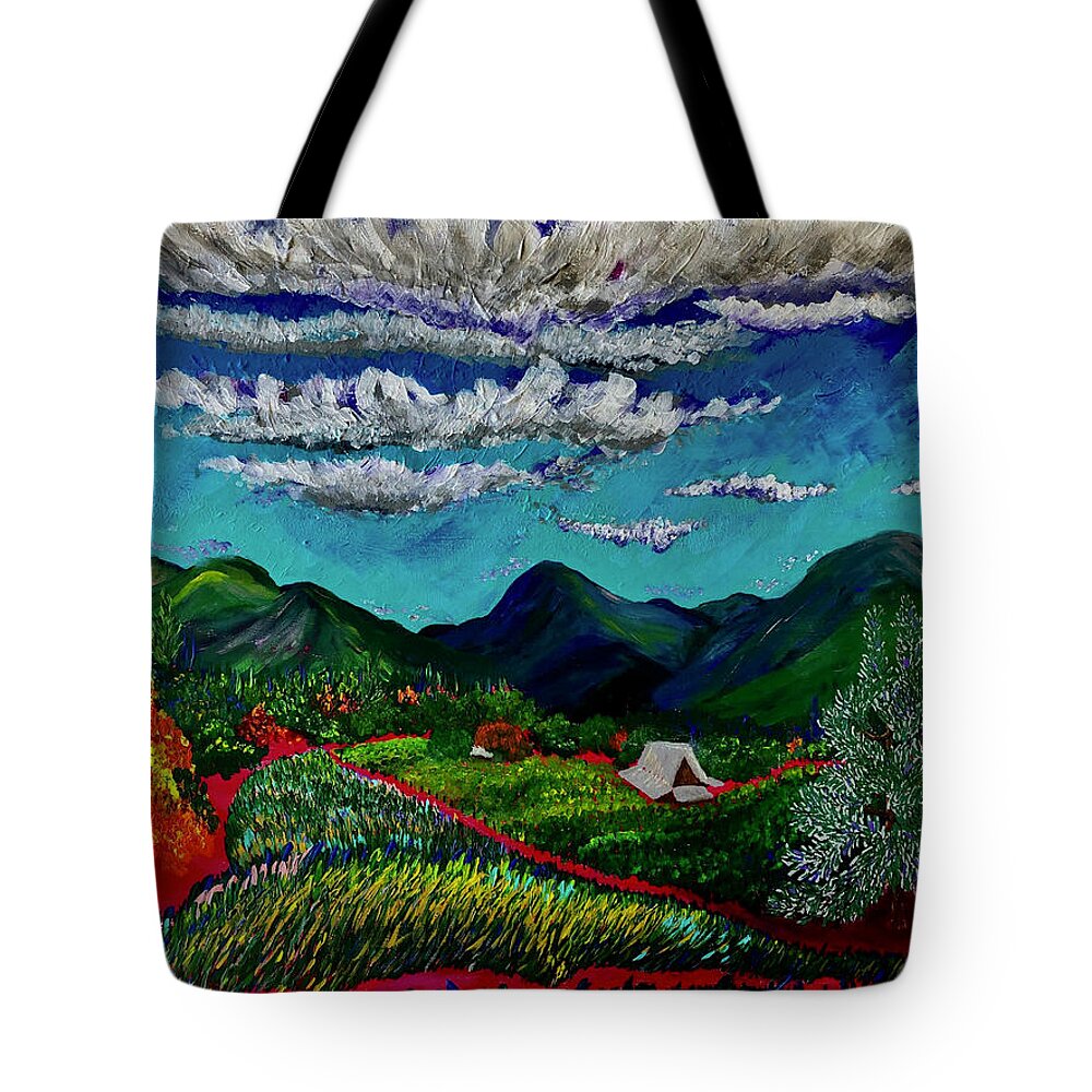 Farms Tote Bag featuring the painting Rolling clouds over Betsy's farm. Williams, Oregon. by ArtStudio Mateo