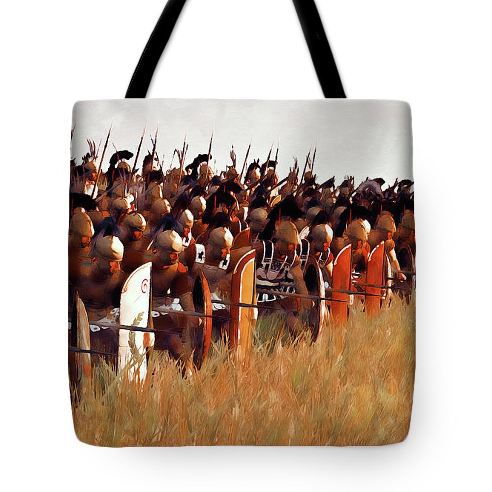 Roman Tote Bag featuring the painting Roman legion in battle, 05 by AM FineArtPrints