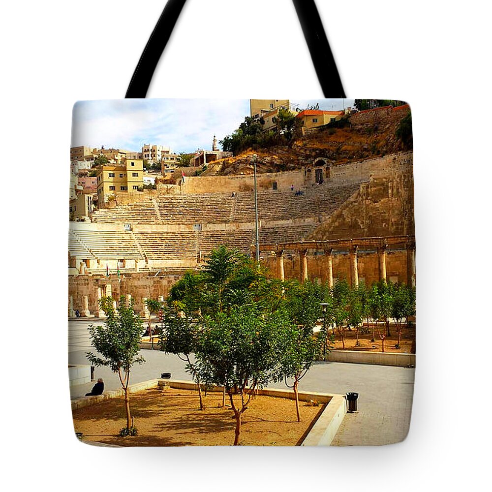 Coliseum Tote Bag featuring the photograph Roman Theater of Jordan by Tina Mitchell