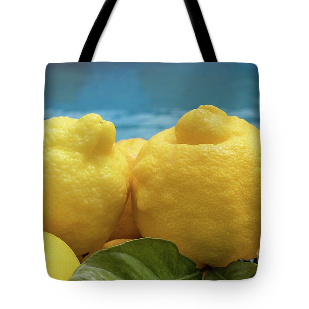 Fruit Tote Bag featuring the photograph Sunny yellow lemons and blue water by Adriana Mueller