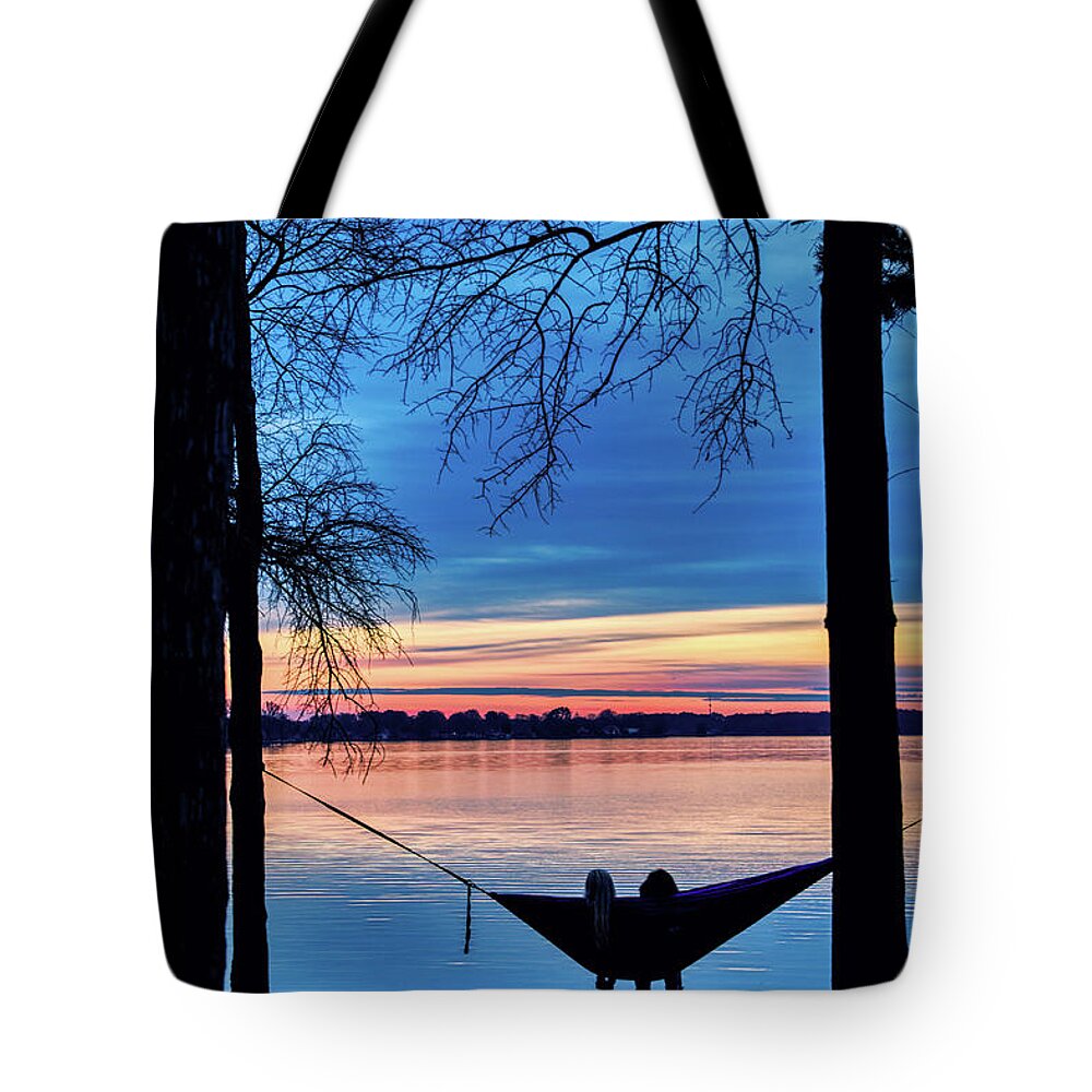 Lake Tote Bag featuring the photograph Romantic Sunset at the Lake by Amy Dundon