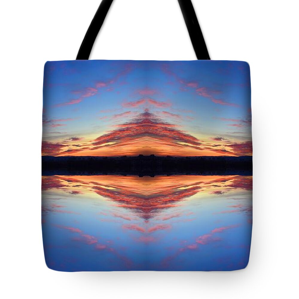 Nature Tote Bag featuring the photograph Romantic Sunset With Clouds In Fire symmetry by Leonida Arte