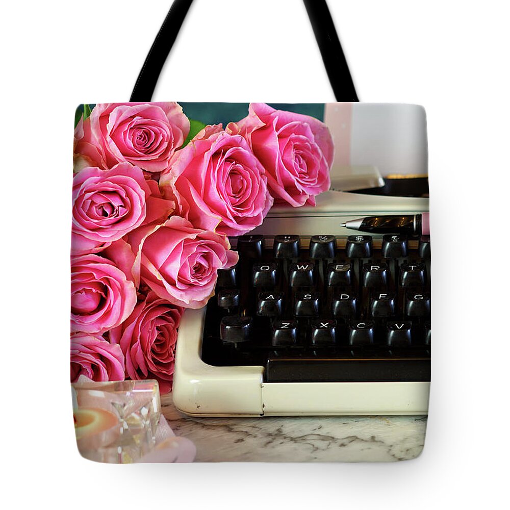 Retro Tote Bag featuring the photograph Romantic vintage writing scene, tea break with old typewriter. by Milleflore Images