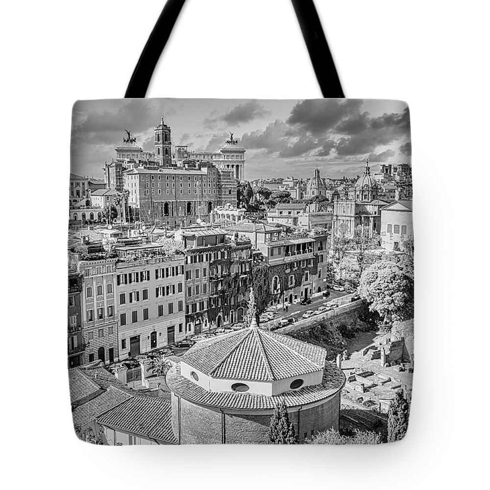 Rome Tote Bag featuring the photograph Rome - Eternal City Panorama Black And White by Stefano Senise