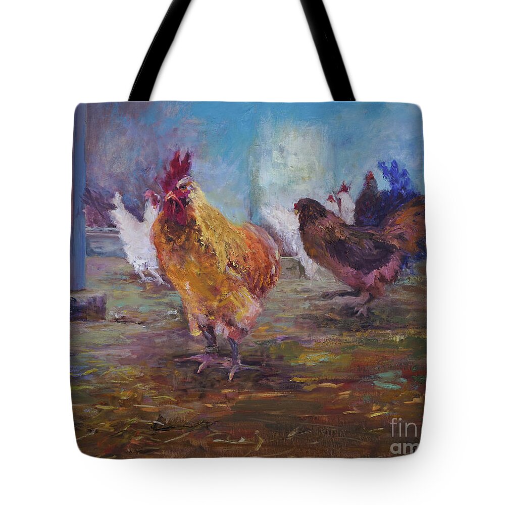 Farm Animals Tote Bag featuring the painting Roosters At Play by Radha Rao