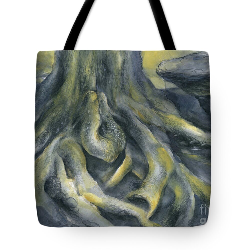 Root Tote Bag featuring the painting Root on the rock plateau by Adriana Mueller