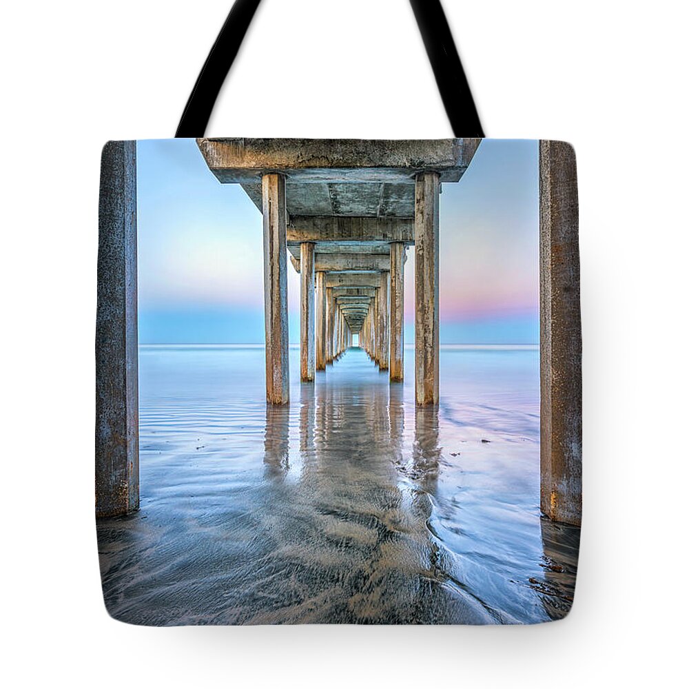Scripps Pier Tote Bag featuring the photograph Rooted In The Sand, Scripps Pier by Joseph S Giacalone
