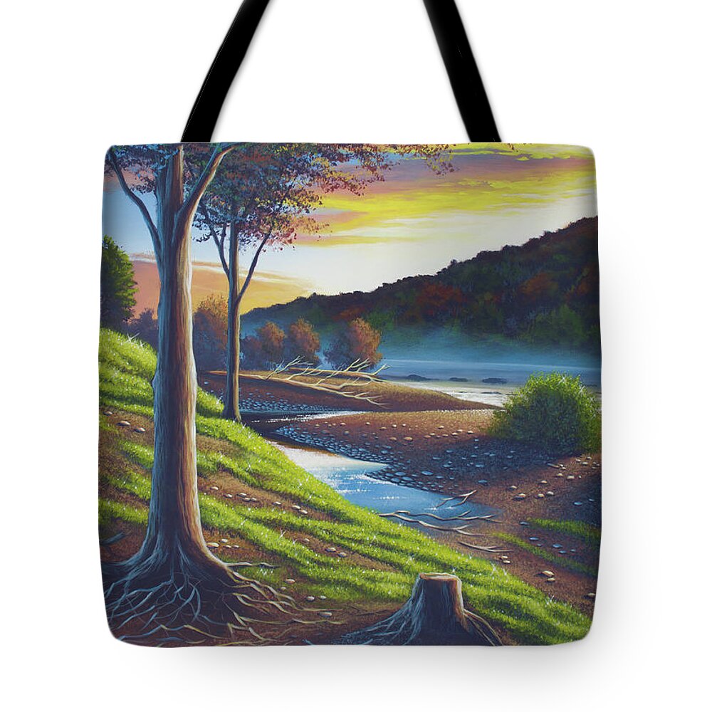 Landscape Tote Bag featuring the painting Roots of the Delaware by Timothy Stanford