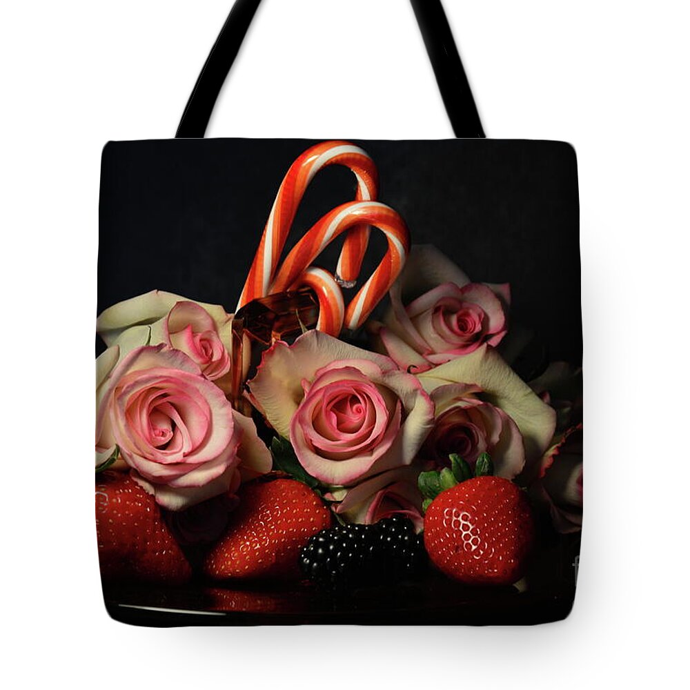Pink Tote Bag featuring the photograph Roses and Candy Canes by Diana Mary Sharpton