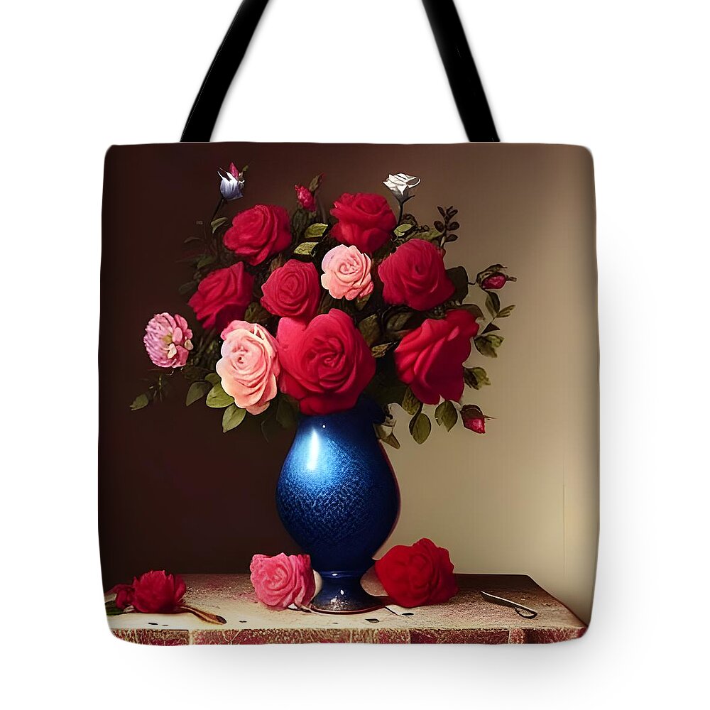 Roses Tote Bag featuring the digital art Roses in Blue Vase by Katrina Gunn