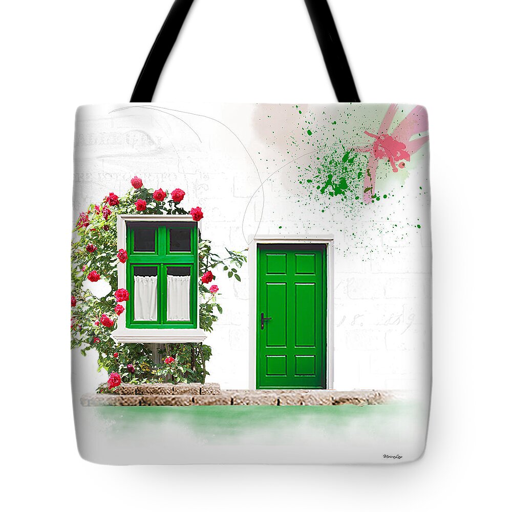 Door Tote Bag featuring the mixed media Roses 'Round My Window by Moira Law