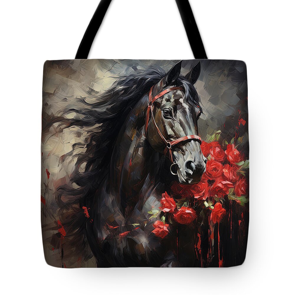 Horse With Roses Tote Bag featuring the painting Roses Unveiled - Equestrian Elegance Art by Lourry Legarde