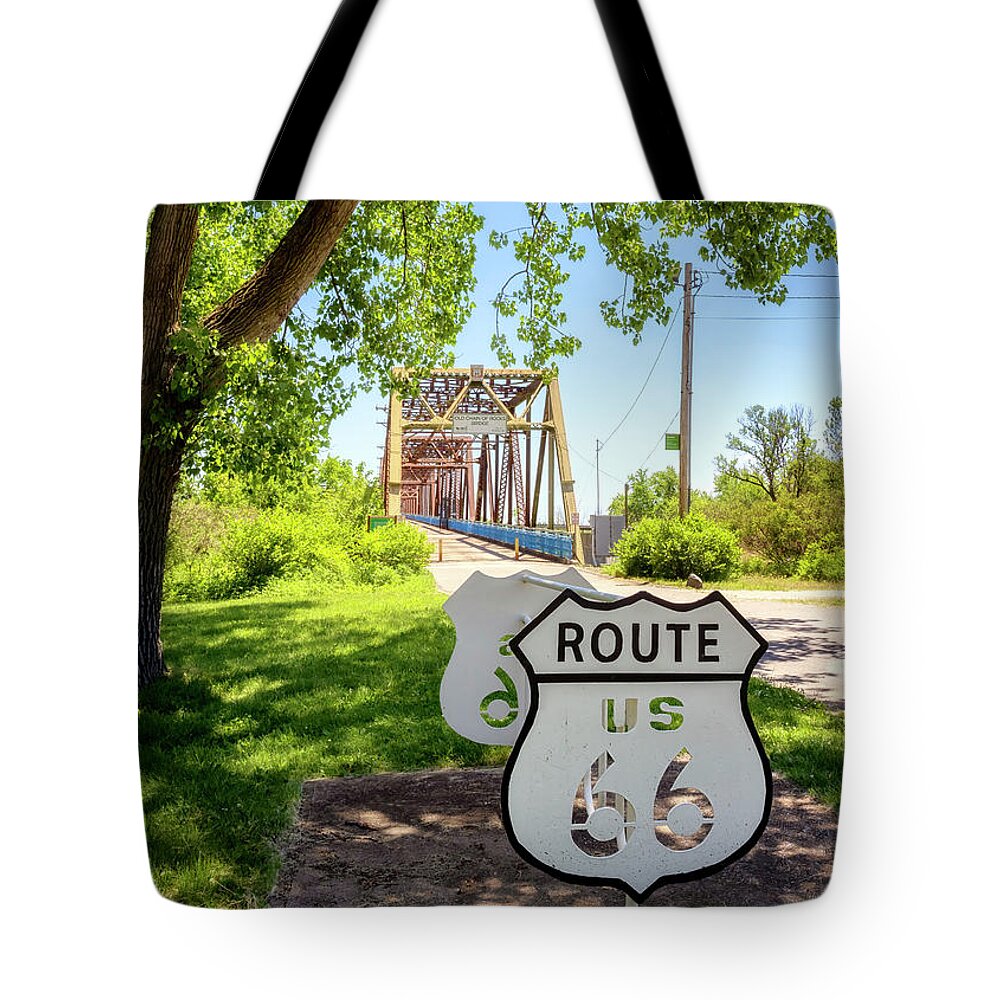 Route 66 Tote Bag featuring the photograph Route 66 Bicycle Rack - Old Chain of Rocks Bridge by Susan Rissi Tregoning