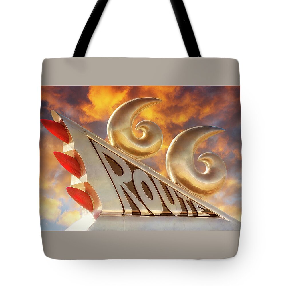 Route 66 Tote Bag featuring the digital art Route 66 Monument - Tucumcari by Susan Rissi Tregoning
