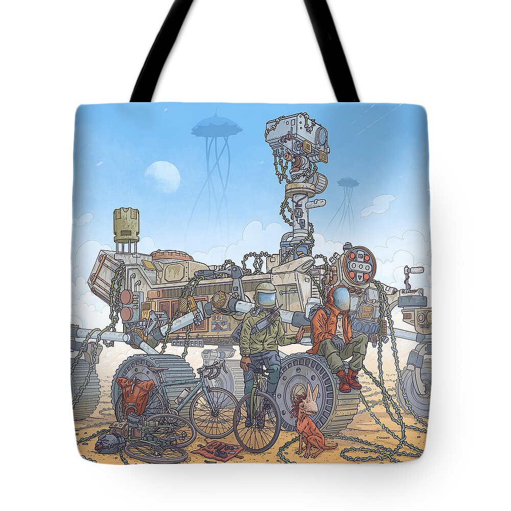  Tote Bag featuring the digital art Rover Ruins Ride - w/ Helmets by EvanArt - Evan Miller