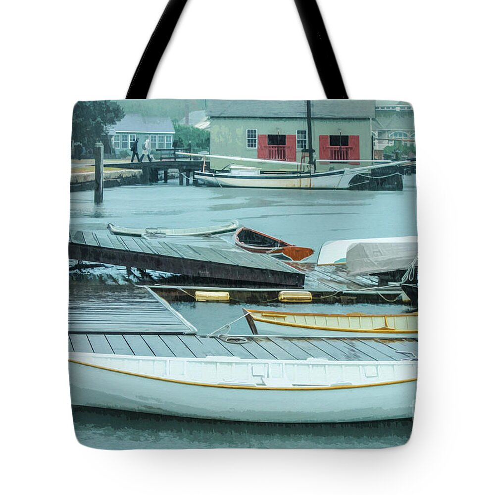 Sailboats Tote Bag featuring the digital art Row boats tied up in harbor on rainy day by Susan Vineyard