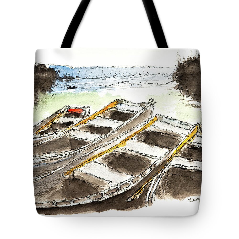 Rowboats Tote Bag featuring the drawing Rowboats Clear Lake by Mike Bergen