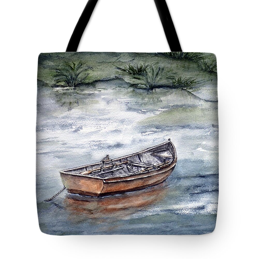 Boat Tote Bag featuring the painting Rowboat's Reflection by Kelly Mills