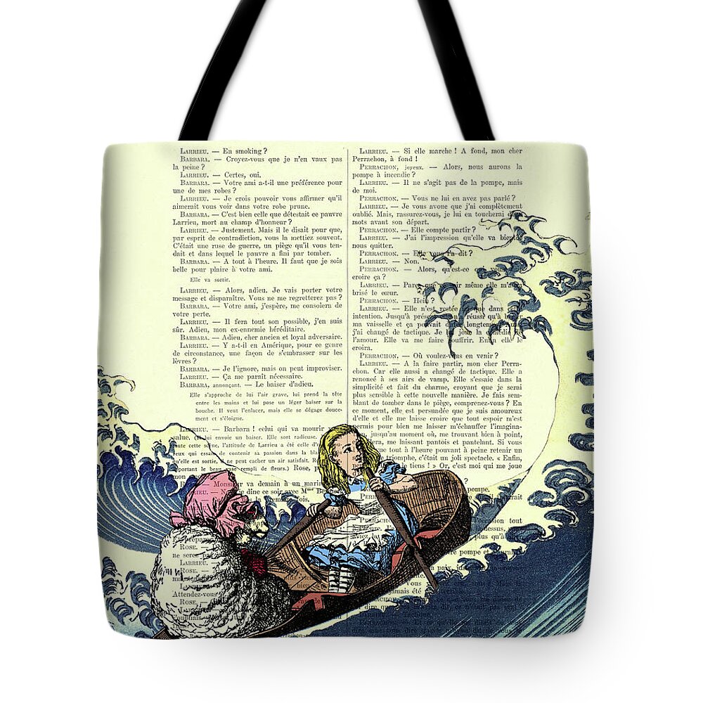 Alice In Wonderland Tote Bag featuring the drawing Rowing Alice in Wonderland fantasy artwork by Madame Memento