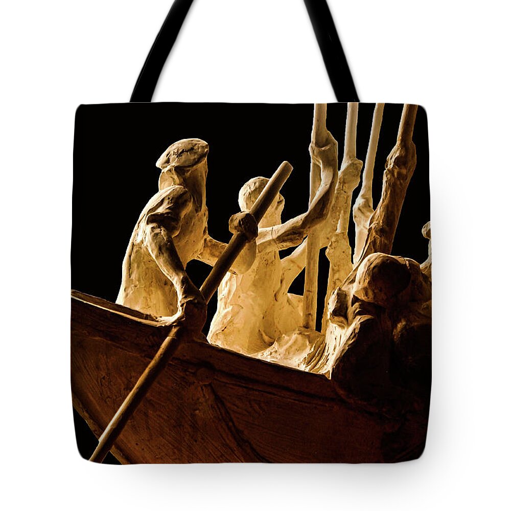Rowing Boat Sculpture Figurine Sepia Tote Bag featuring the photograph Rowing Sculpture1 by John Linnemeyer