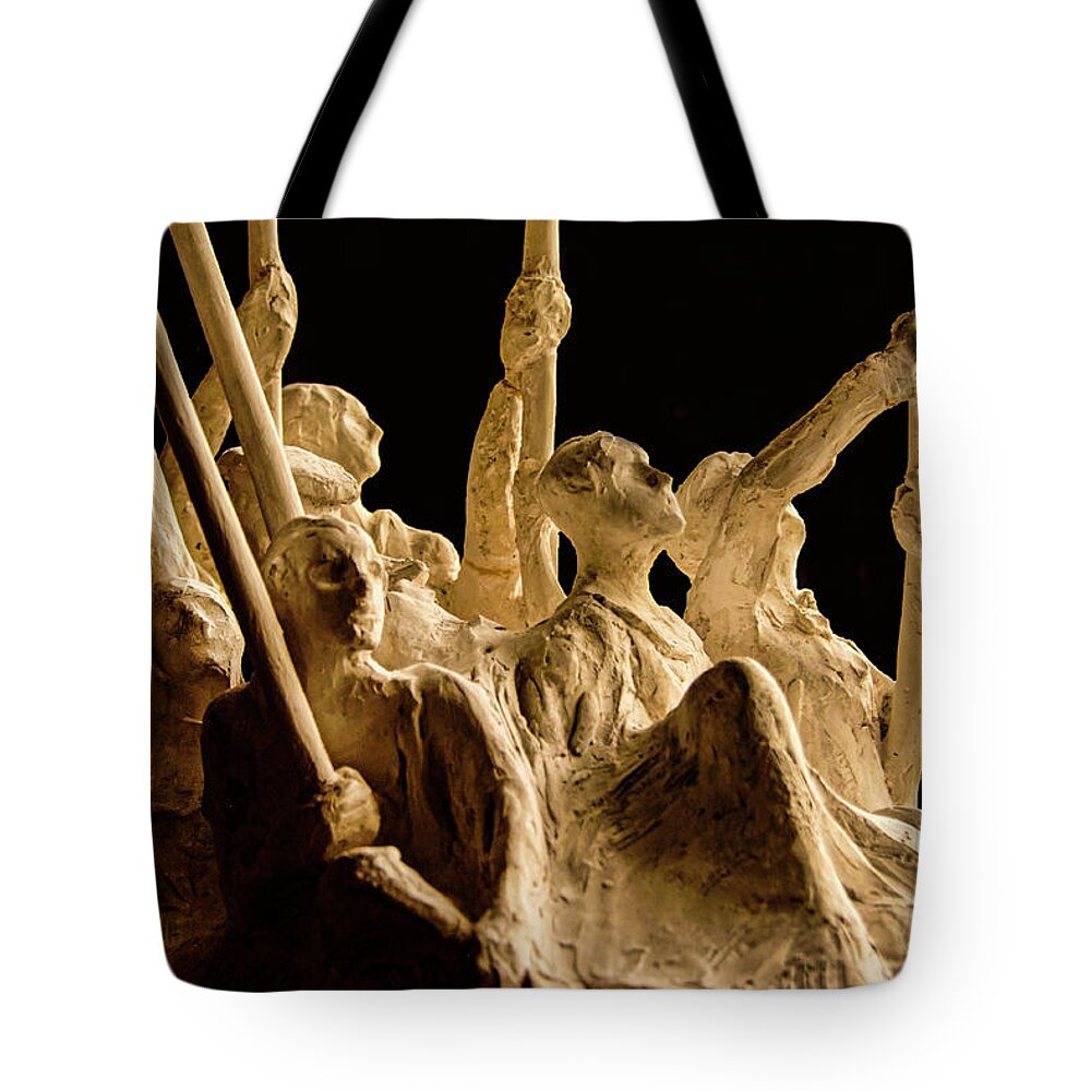 Rowing Boat Sculpture Sepia B&w Tote Bag featuring the photograph Rowing Sculpture2 by John Linnemeyer
