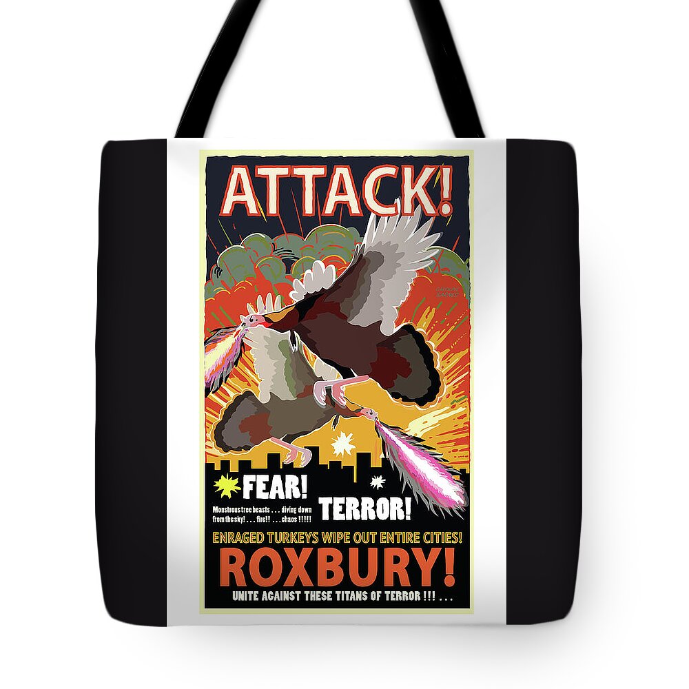 Brookline Turkeys Tote Bag featuring the digital art Roxbury Attack by Caroline Barnes