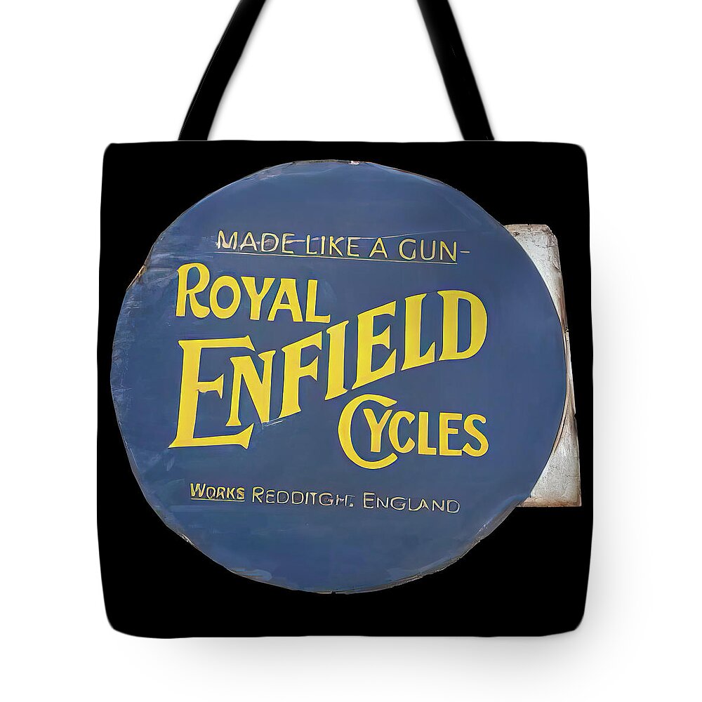 Royal Enfield Motorcycles Tote Bag featuring the photograph Royal Enfield Motorcycles Vintage flange sign by Flees Photos