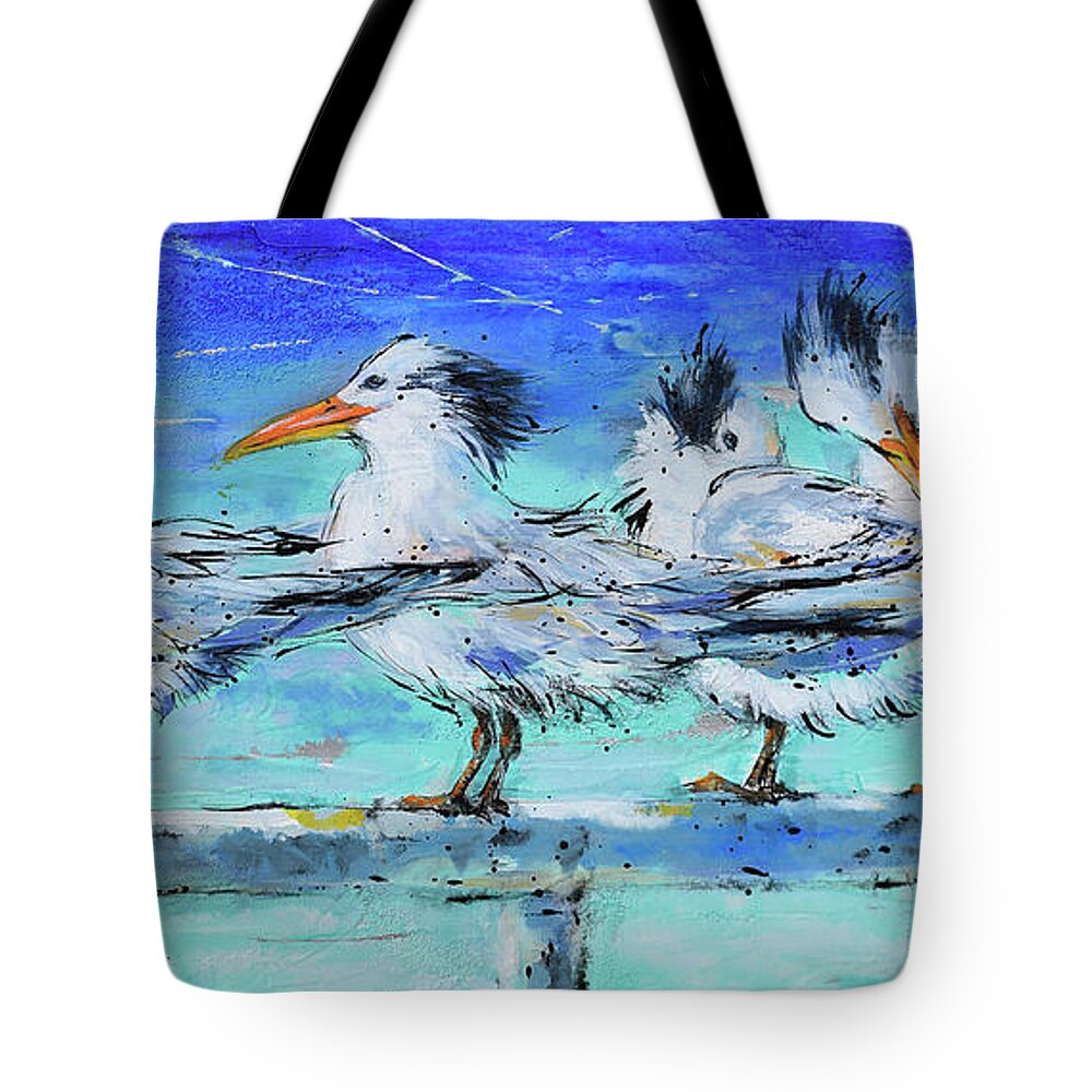 Royal Tern Tote Bag featuring the painting Lounging Royal Terns by Jyotika Shroff