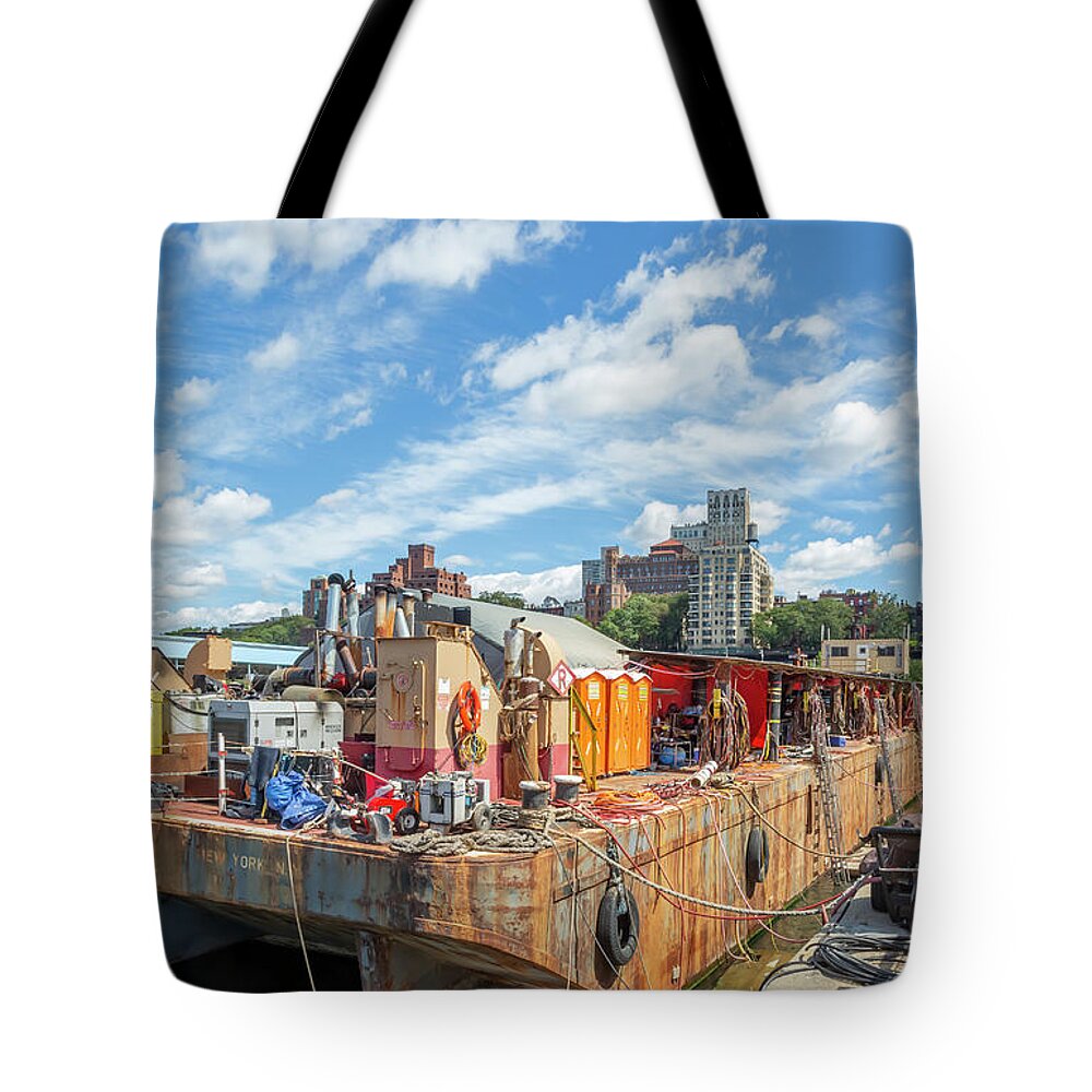 Brooklyn Bridge Park Tote Bag featuring the photograph RTC 330 River Barge by Cate Franklyn
