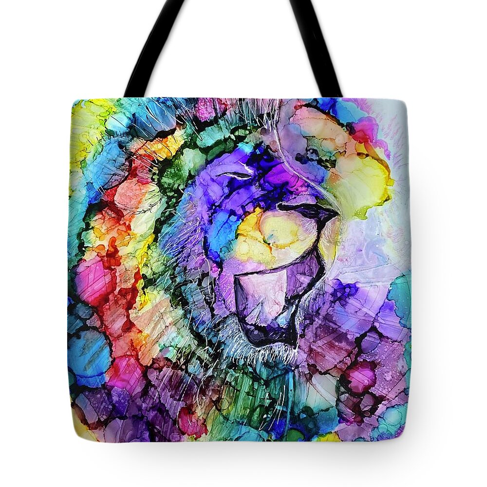 Rainbow Tote Bag featuring the painting Run to the Roar - Redeeming the Rainbow by Deb Brown Maher