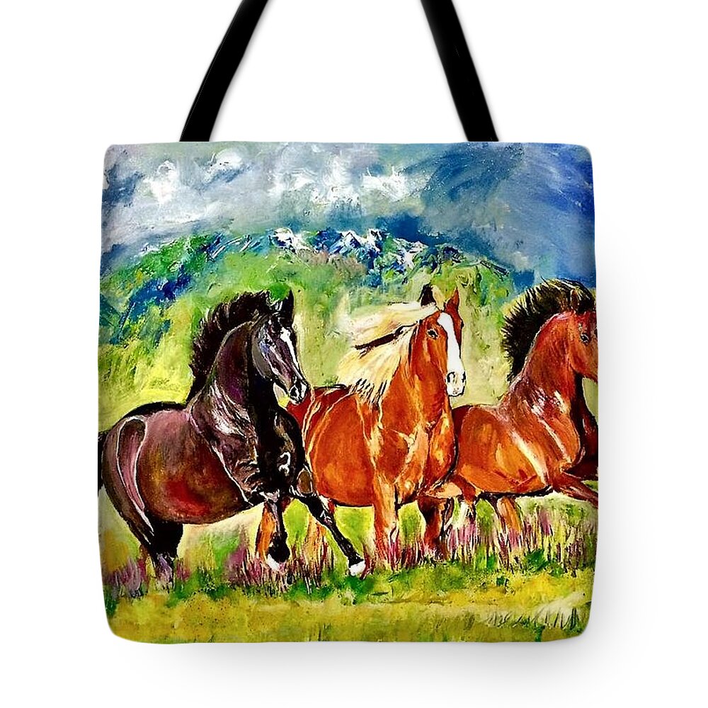 Horse Tote Bag featuring the painting Running three by Khalid Saeed