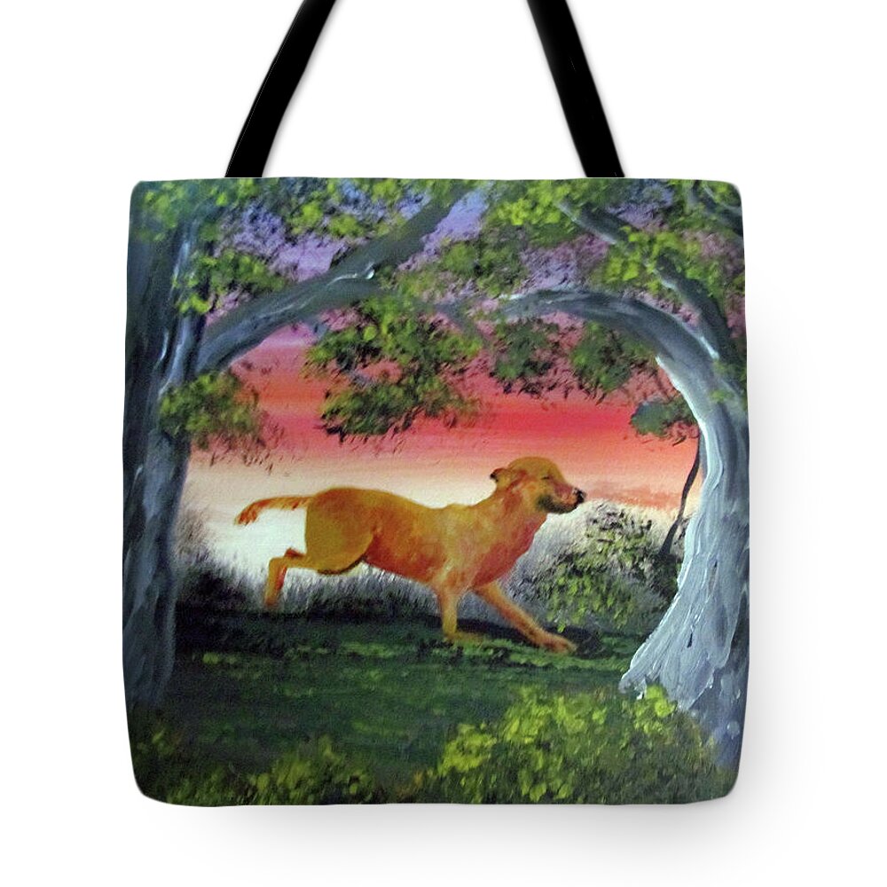 Dog Tote Bag featuring the painting Running Through The Woods by Luis F Rodriguez