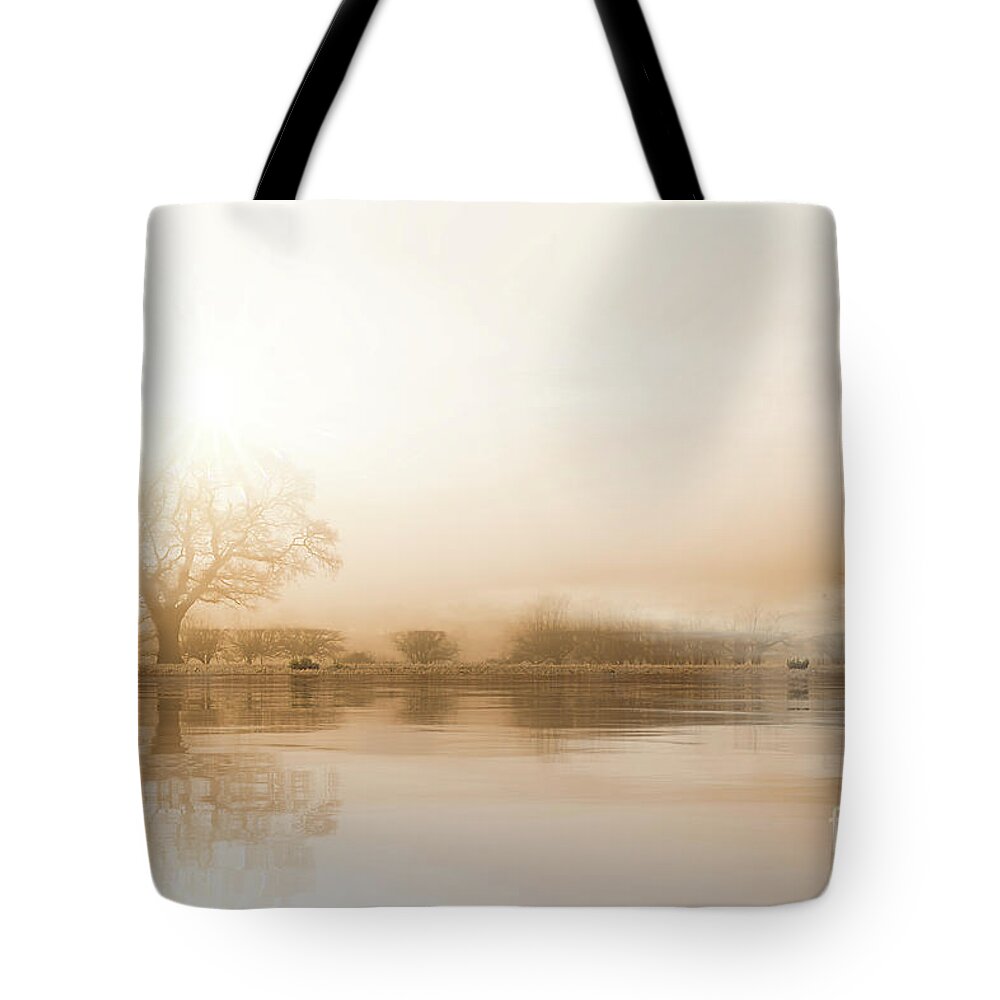 Winter Tote Bag featuring the photograph Rural misty Norfolk landscape with water reflections by Simon Bratt