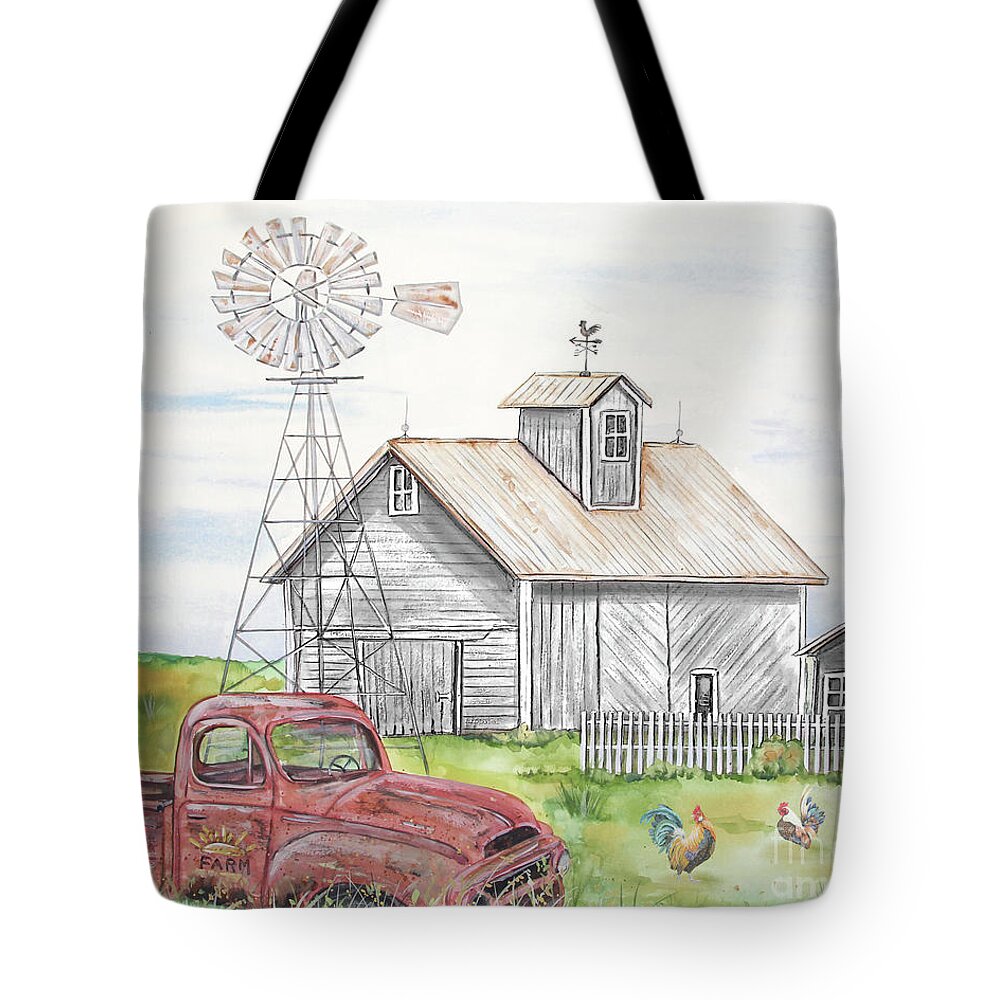 Barn Tote Bag featuring the painting Rural White Barn A by Jean Plout