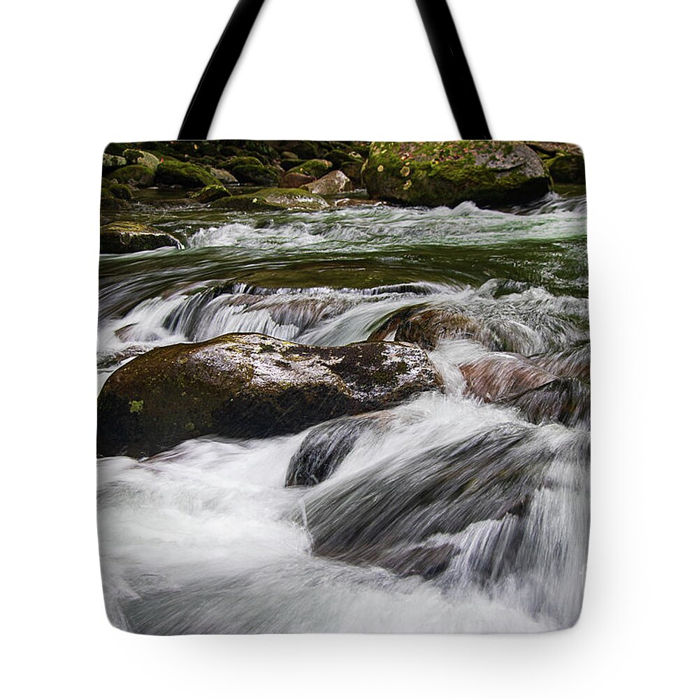 Landscape Tote Bag featuring the photograph Rushing mountain water, Smoky Mountains, Big Creek North Carolina by Theresa D Williams