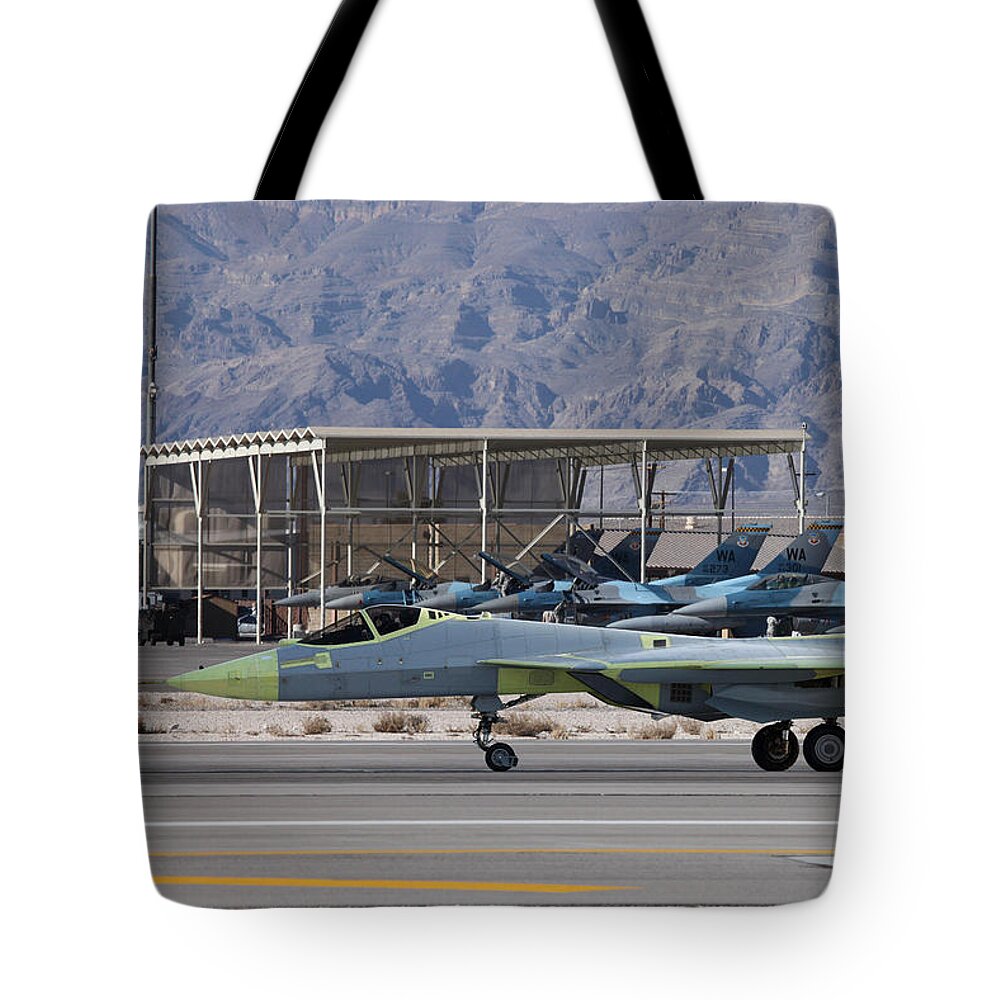 Sukhoi Tote Bag featuring the digital art Russian Air Force Su-57 Pak Fa by Custom Aviation Art