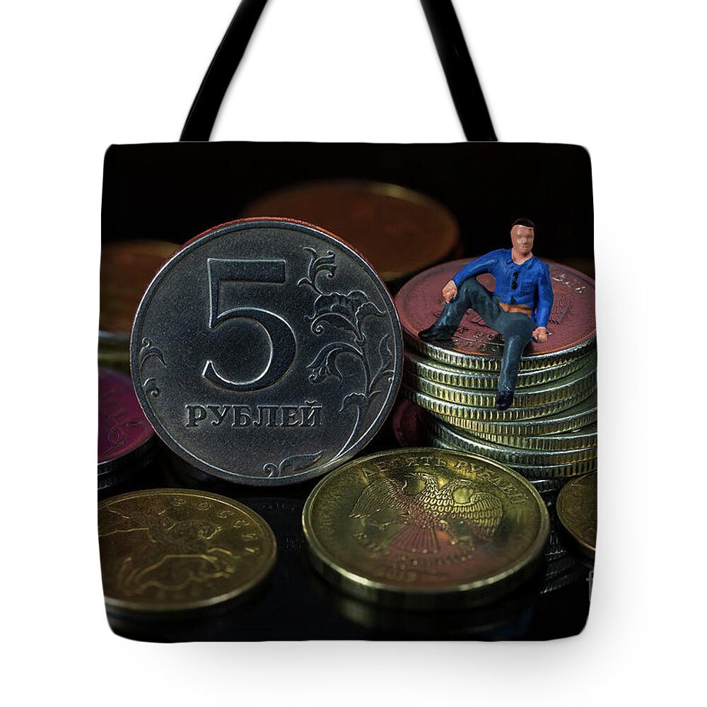 Collapse Tote Bag featuring the photograph Russian ruble coins. The fall of the ruble. Ruble collapse. Macro by Pablo Avanzini