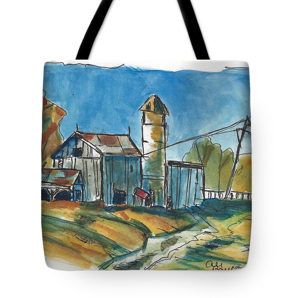 Barn Tote Bag featuring the painting Rustic Barn Watercolor and Ink Painting of a Barn with Silo during Autumn by Ali Baucom