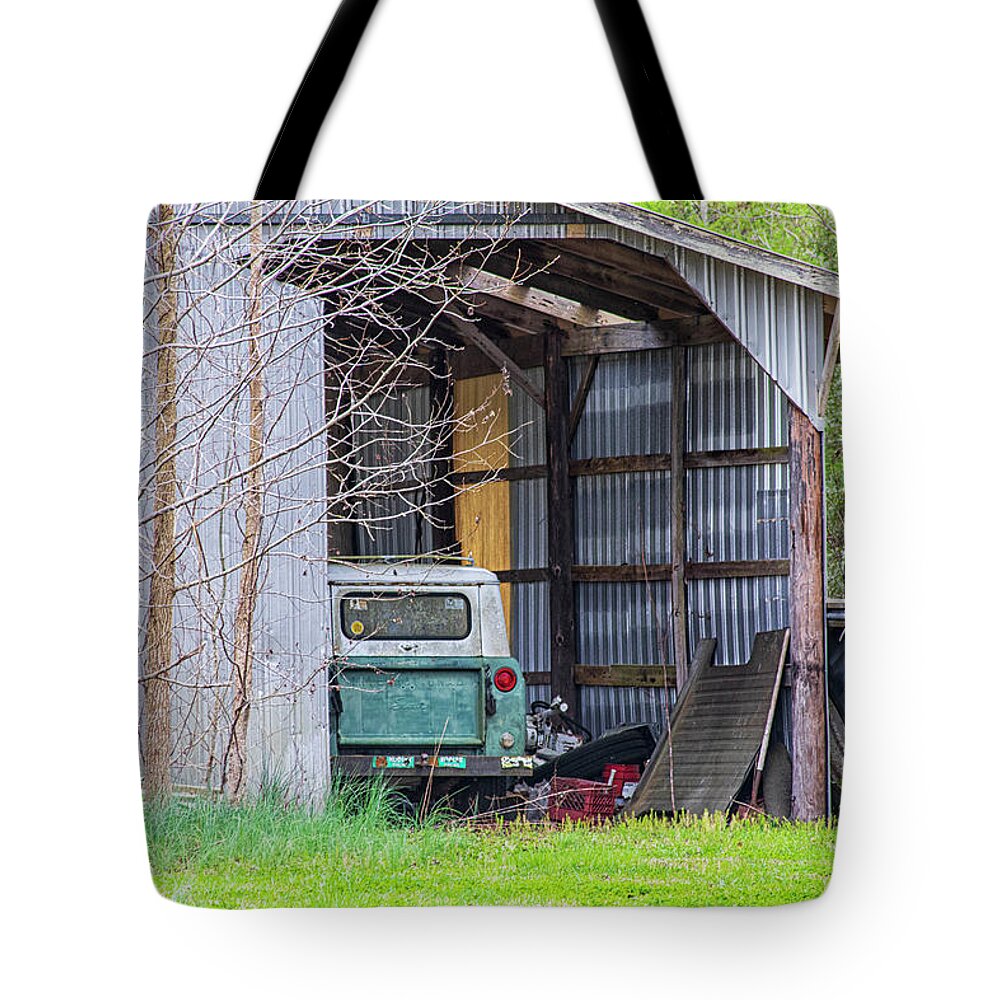 Rustic Tote Bag featuring the photograph Rustic Barn with Derelict International Scout by Bob Decker
