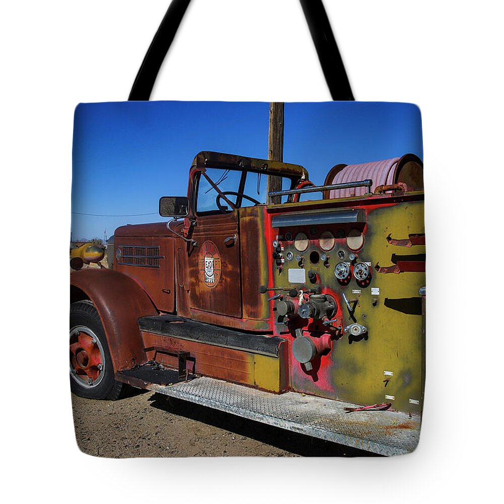 Gold Point Tote Bag featuring the photograph Rustic Fire Truck Gold Point Nevada by Garry Gay