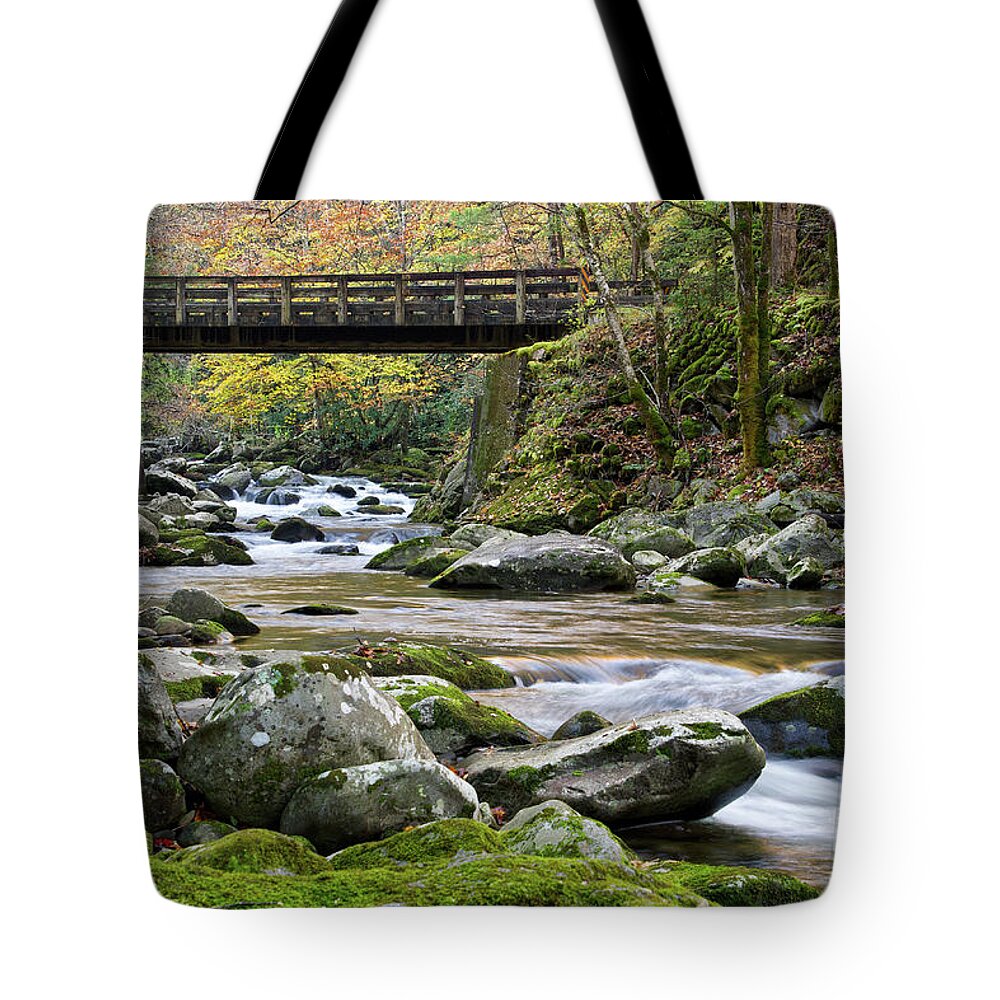Autumn Tote Bag featuring the photograph Rustic Wooden Bridge by Phil Perkins