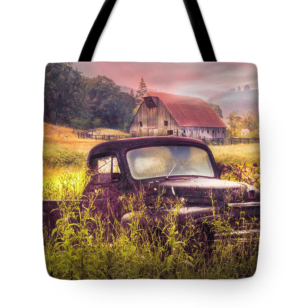 American Tote Bag featuring the photograph Rusty Truck Deep in the Wildflowers in Autumn Light by Debra and Dave Vanderlaan