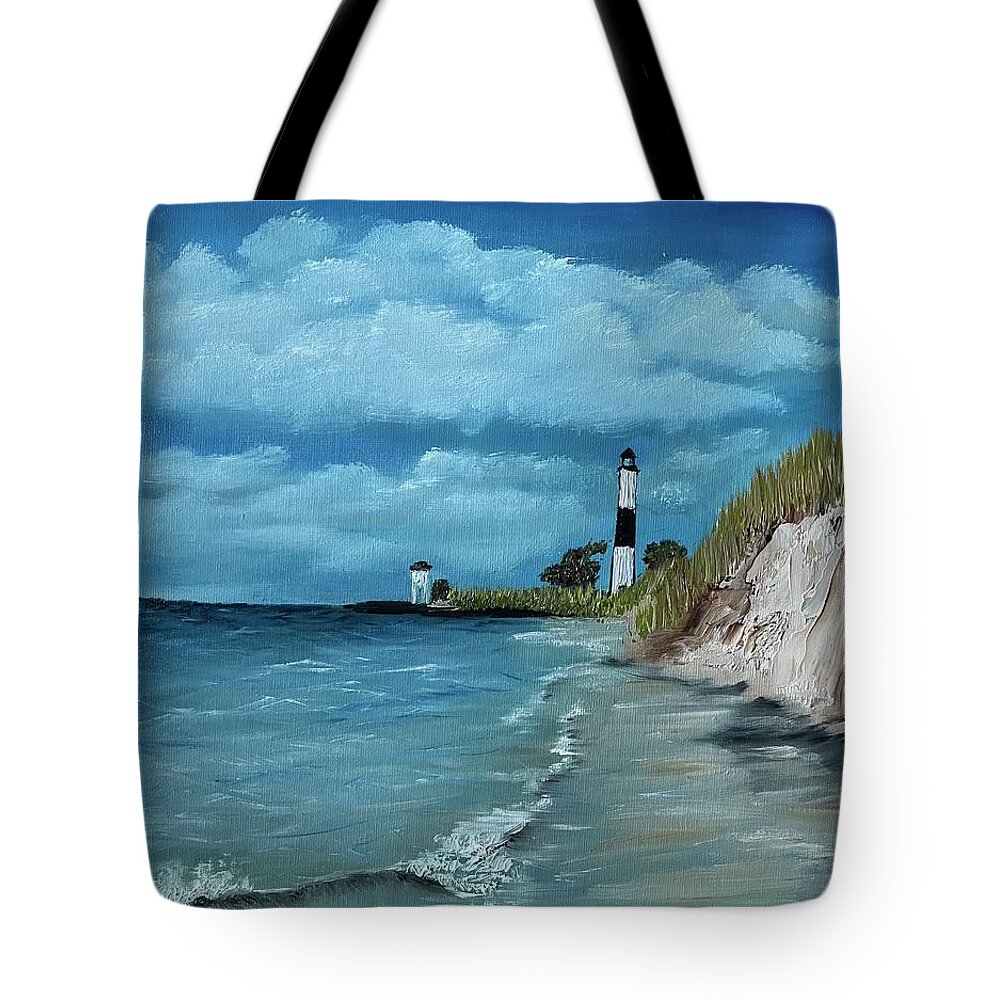 Oil Painting Tote Bag featuring the painting Sable Lighthouse by Lisa White