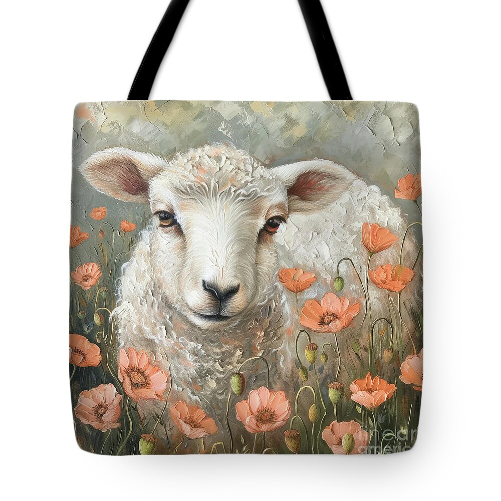 Sheep Tote Bag featuring the painting Sadie In The Poppies 2 by Tina LeCour