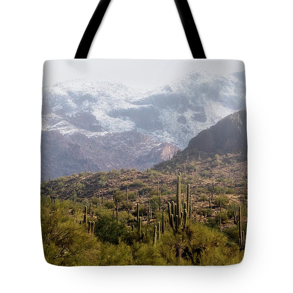 Arizona Tote Bag featuring the photograph Saguaro Amongst The Hills Of Snow by Saija Lehtonen