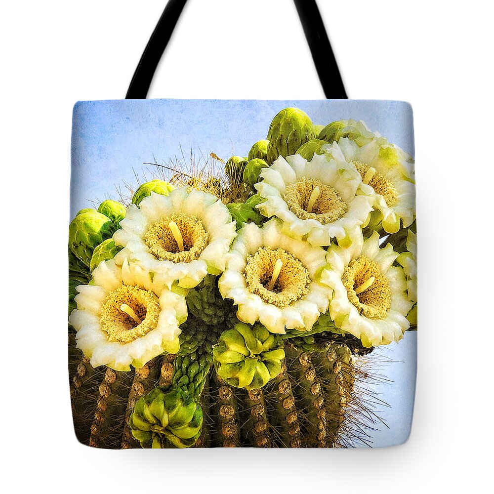 Saguaro Cactus Tote Bag featuring the photograph Saguaro Cactus Blooms by Sandra Selle Rodriguez